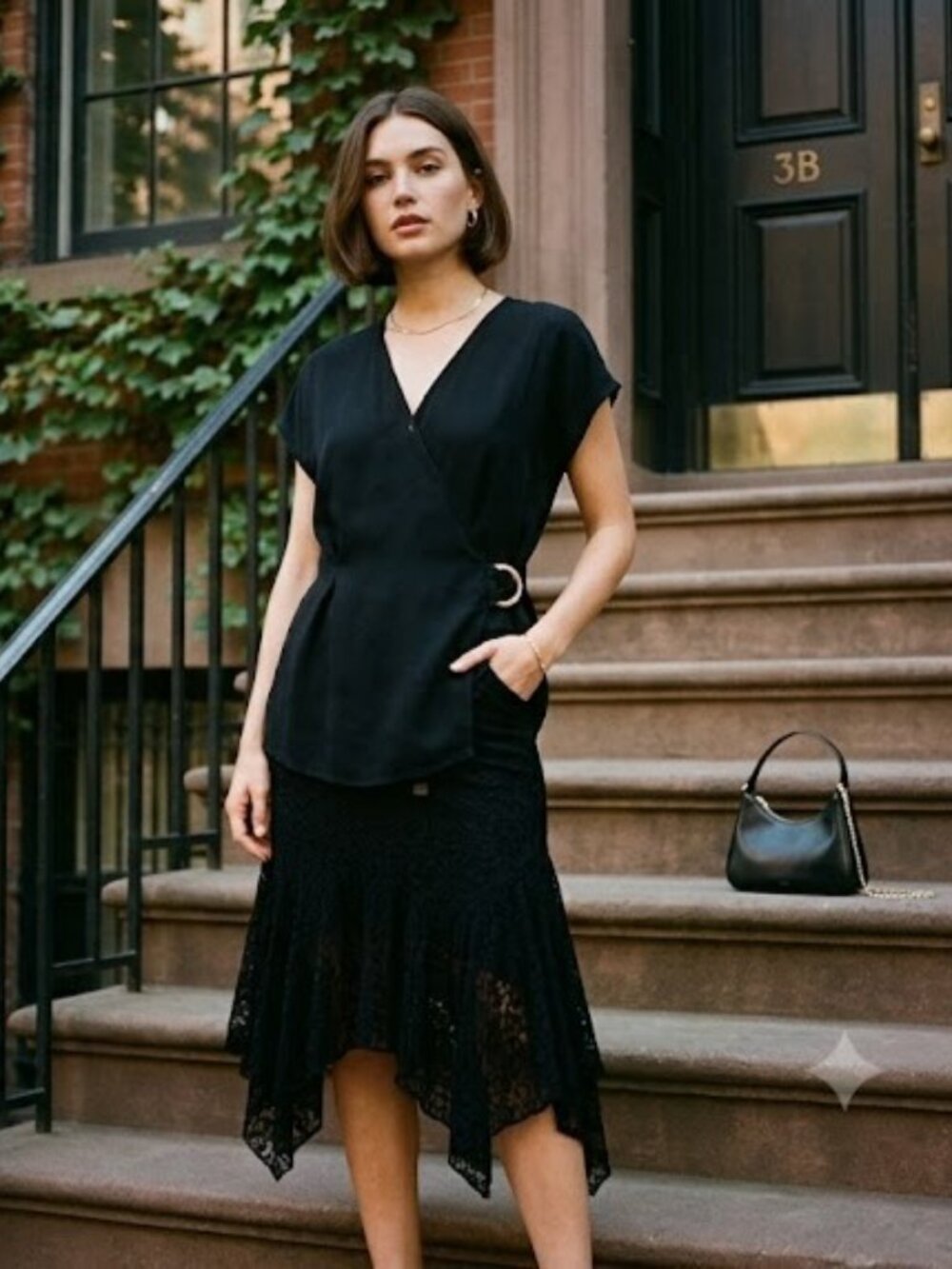 Worthington buckled black wrap blouse SZ L